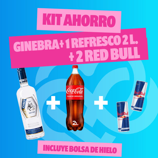 Kit Ahorro Ginebra + 1 Refresco + 2 Red bull + Hielo