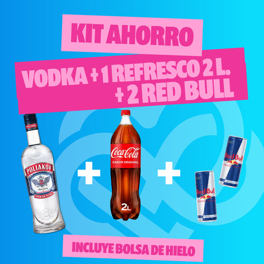 Kit Ahorro Vodka + 1 Refresco + 2 Red bull + Hielo