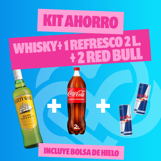 Kit Ahorro Whisky + 1 Refresco + 2 Red bull + Hielo